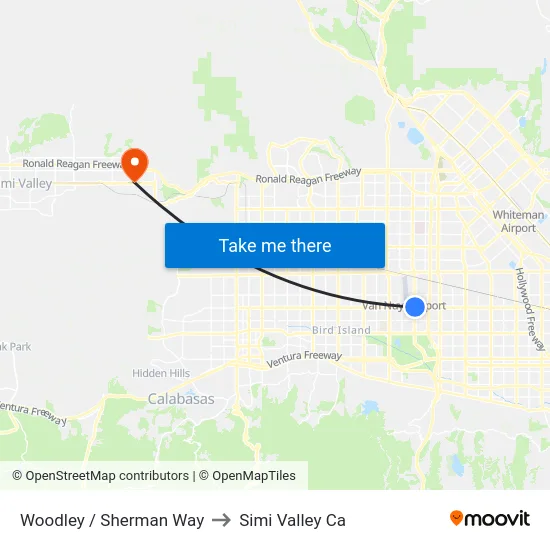 Woodley / Sherman Way to Simi Valley Ca map