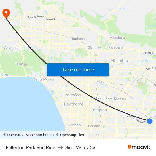 Fullerton Park and Ride to Simi Valley Ca map