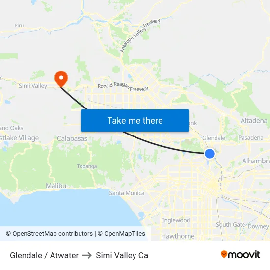 Glendale / Atwater to Simi Valley Ca map