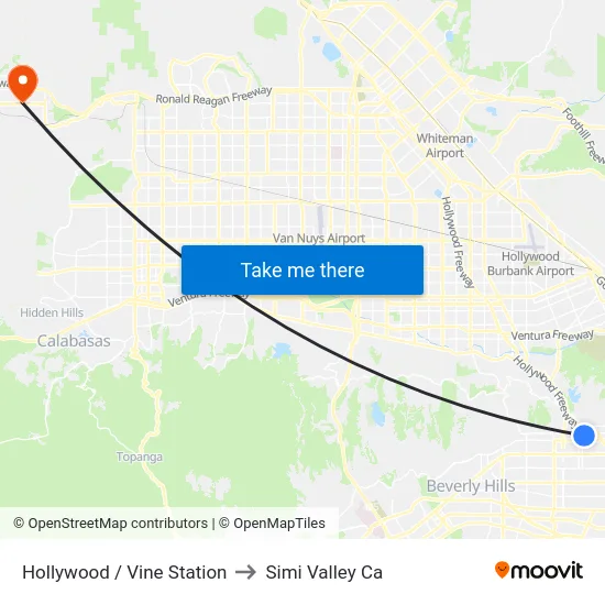 Hollywood / Vine Station to Simi Valley Ca map