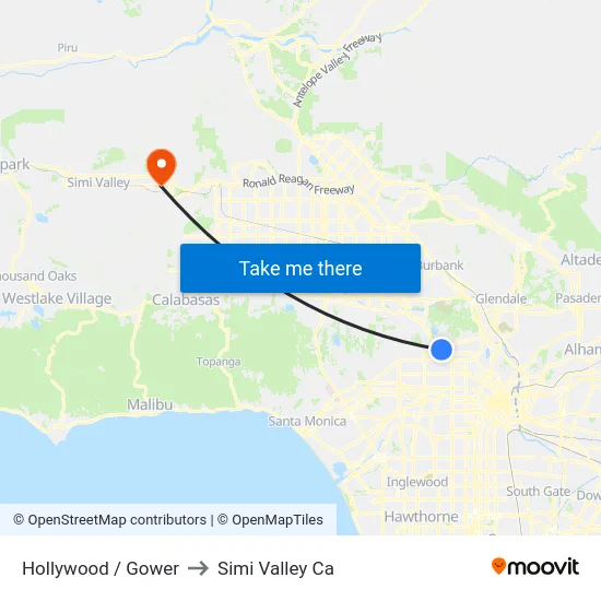 Hollywood / Gower to Simi Valley Ca map