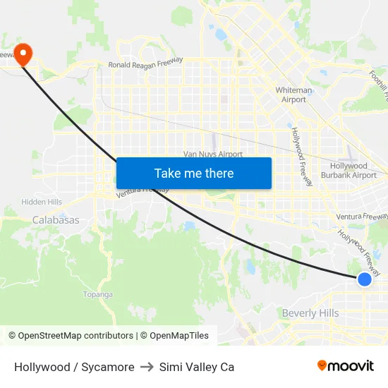 Hollywood / Sycamore to Simi Valley Ca map