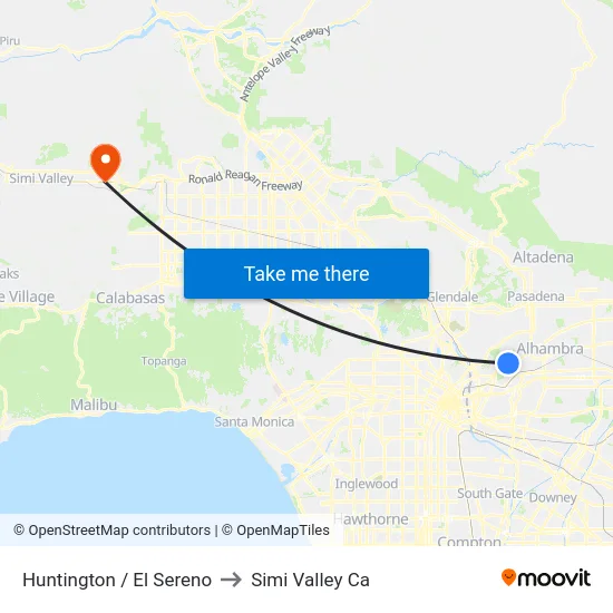 Huntington / El Sereno to Simi Valley Ca map