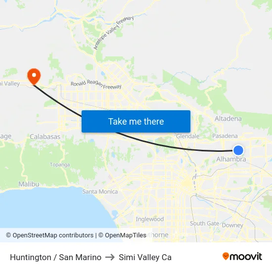 Huntington / San Marino to Simi Valley Ca map