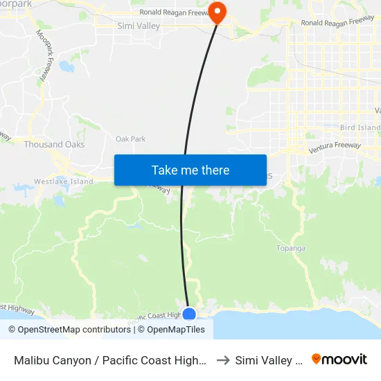 Malibu Canyon / Pacific Coast Highway to Simi Valley Ca map