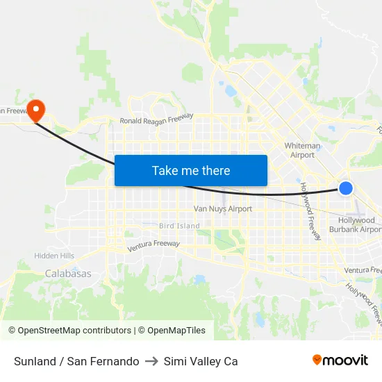 Sunland / San Fernando to Simi Valley Ca map