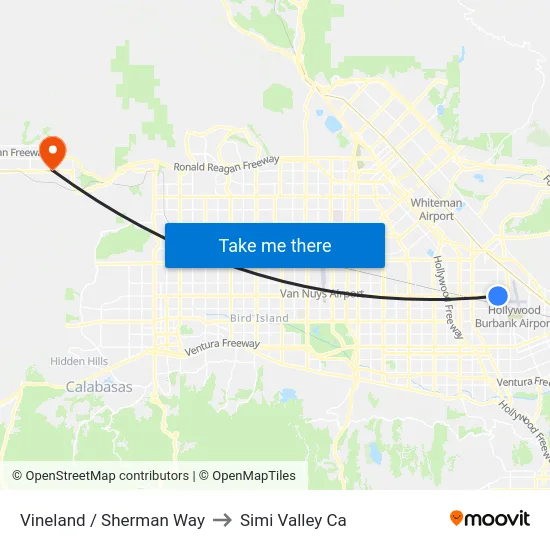 Vineland / Sherman Way to Simi Valley Ca map