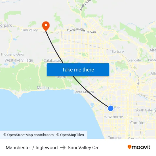 Manchester / Inglewood to Simi Valley Ca map