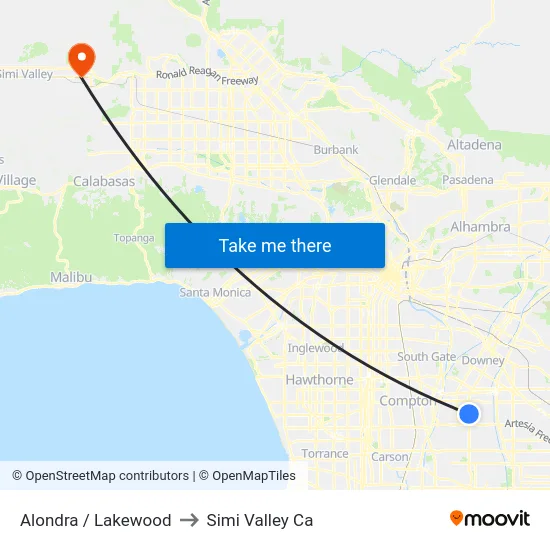 Alondra / Lakewood to Simi Valley Ca map
