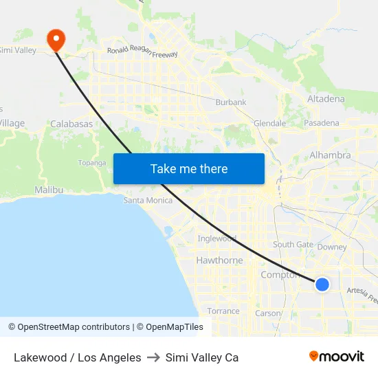 Lakewood / Los Angeles to Simi Valley Ca map