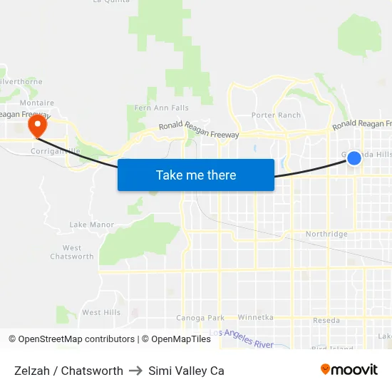 Zelzah / Chatsworth to Simi Valley Ca map