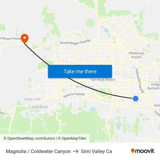 Magnolia / Coldwater Canyon to Simi Valley Ca map