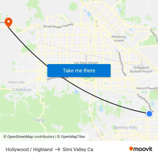 Hollywood / Highland to Simi Valley Ca map
