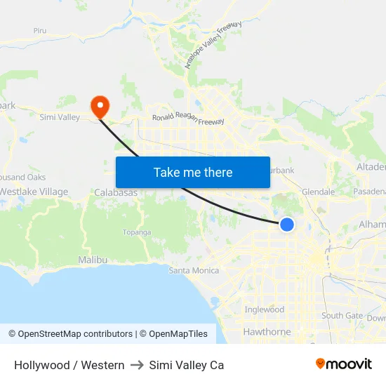 Hollywood / Western to Simi Valley Ca map