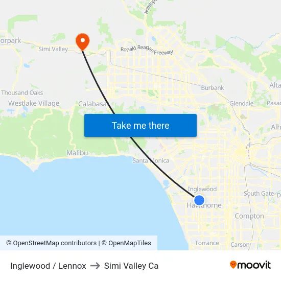 Inglewood / Lennox to Simi Valley Ca map