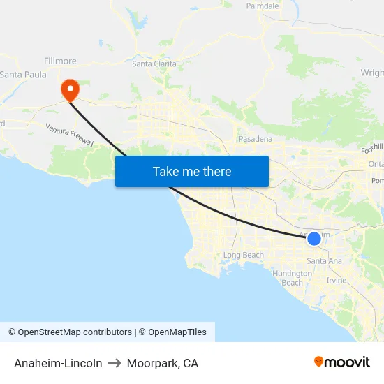 Anaheim-Lincoln to Moorpark, CA map