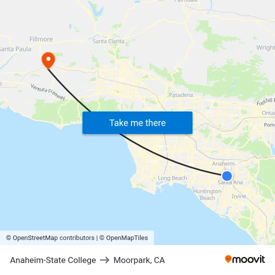 Anaheim-State College to Moorpark, CA map