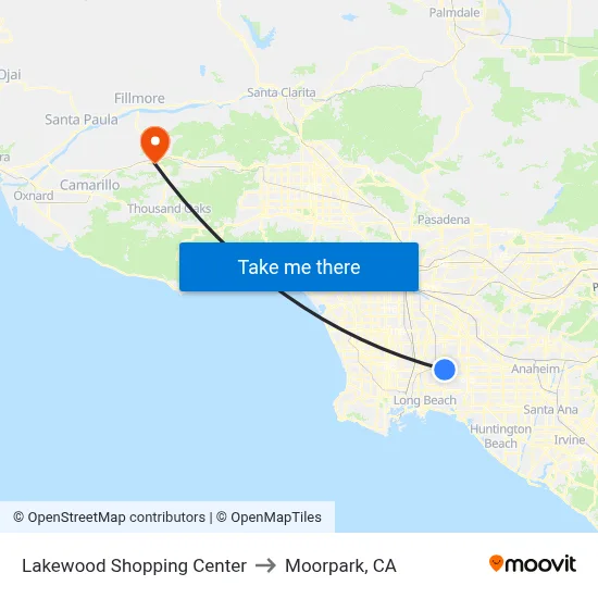 Lakewood Shopping Center to Moorpark, CA map