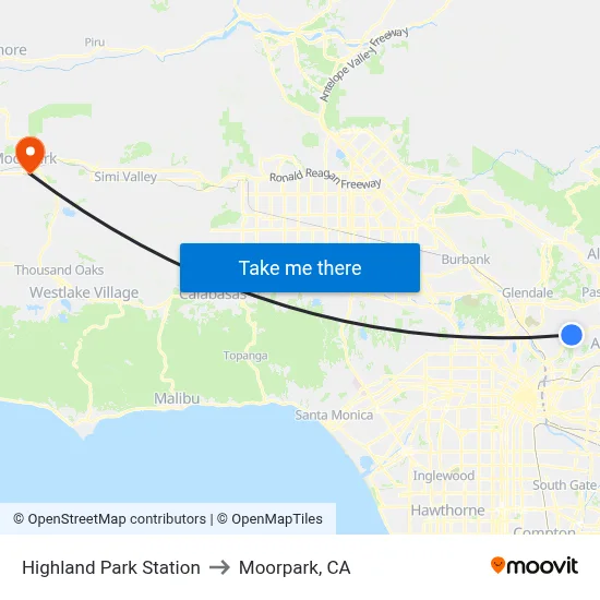 Highland Park Station to Moorpark, CA map