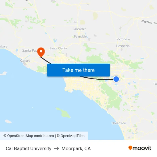 Cal Baptist University to Moorpark, CA map