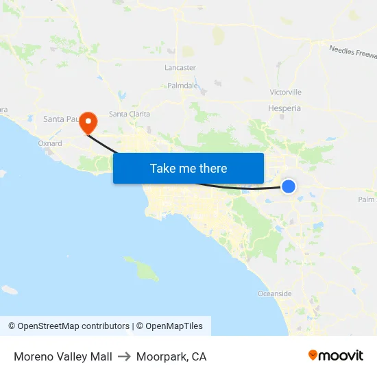 Moreno Valley Mall to Moorpark, CA map