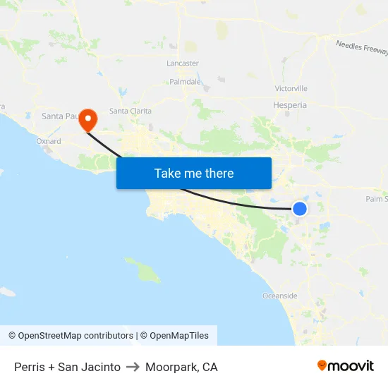 Perris + San Jacinto to Moorpark, CA map