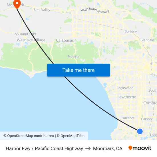 Harbor Fwy / Pacific Coast Highway to Moorpark, CA map