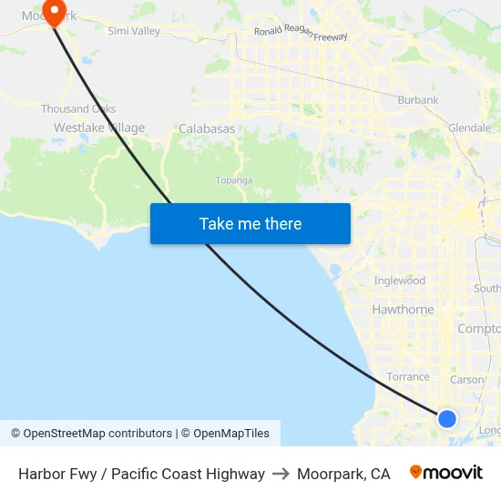 Harbor Fwy / Pacific Coast Highway to Moorpark, CA map