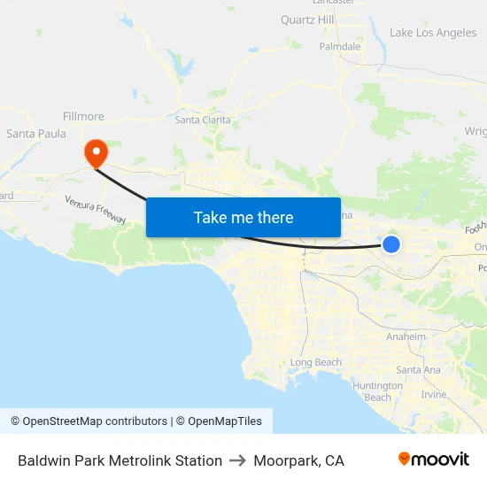 Baldwin Park Metrolink Station to Moorpark, CA map