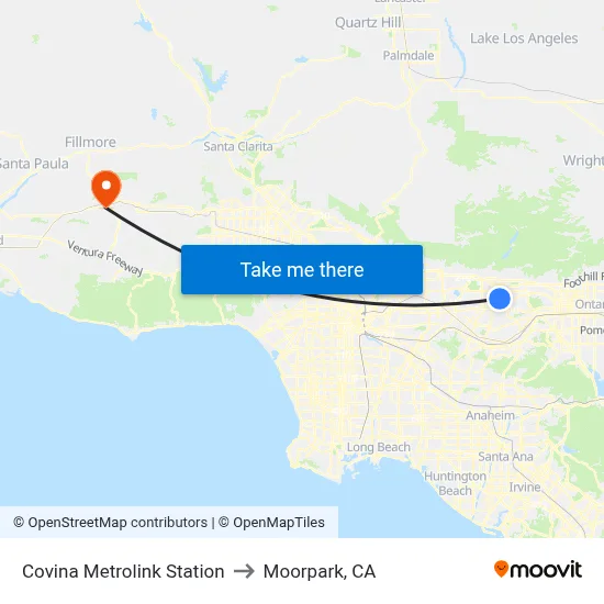 Covina Metrolink Station to Moorpark, CA map