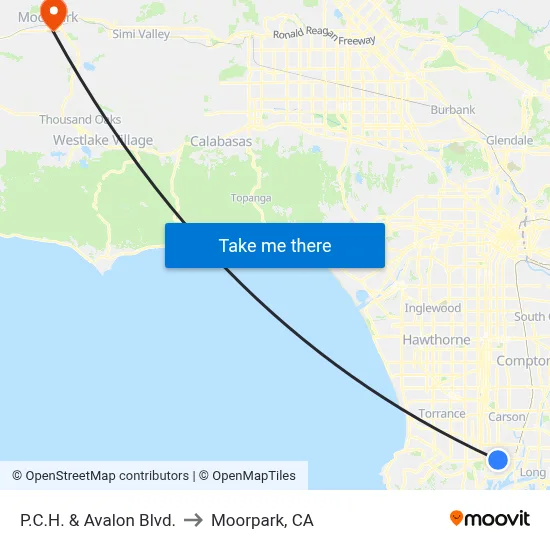 P.C.H. & Avalon Blvd. to Moorpark, CA map
