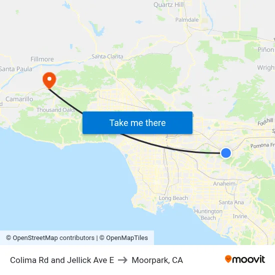 Colima Rd and Jellick Ave E to Moorpark, CA map