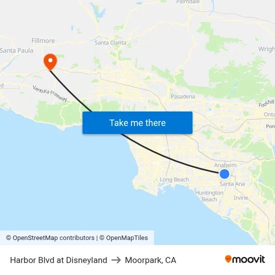 Harbor Blvd at Disneyland to Moorpark, CA map