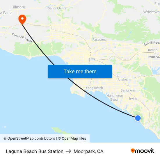 Laguna Beach Bus Station to Moorpark, CA map