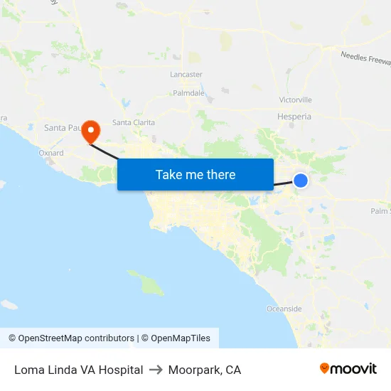 Loma Linda VA Hospital to Moorpark, CA map