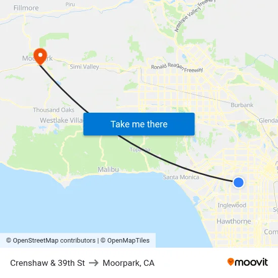 Crenshaw & 39th St to Moorpark, CA map