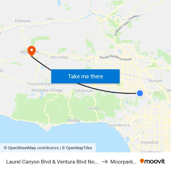 Laurel Canyon Blvd & Ventura Blvd Northbound to Moorpark, CA map