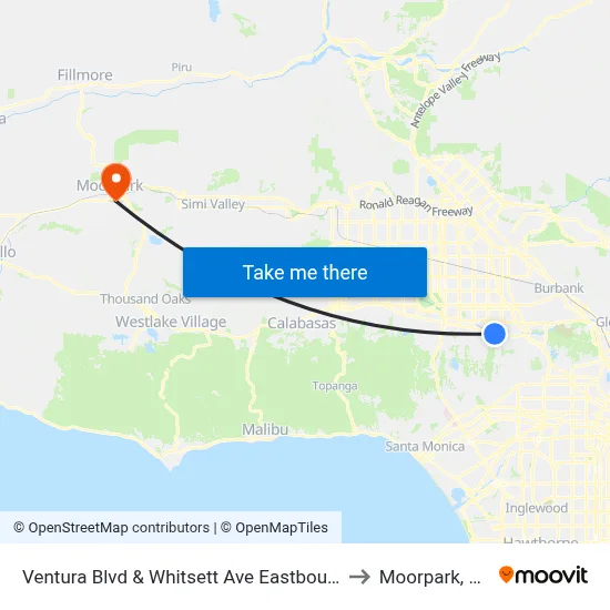 Ventura Blvd & Whitsett Ave Eastbound to Moorpark, CA map