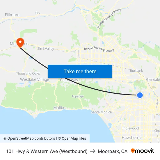 101 Hwy & Western Ave (Westbound) to Moorpark, CA map