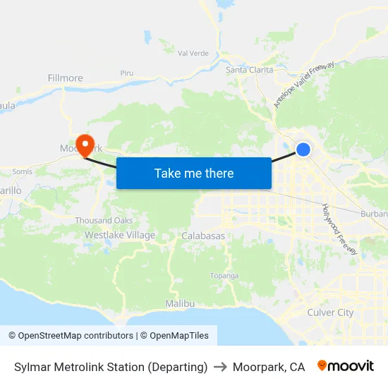 Sylmar Metrolink Station (Departing) to Moorpark, CA map