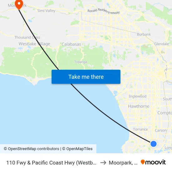 110 Fwy & Pacific Coast Hwy (Westbound) to Moorpark, CA map