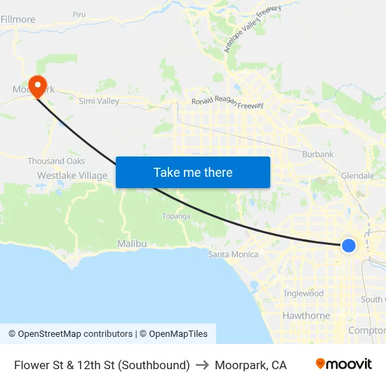 Flower St & 12th St (Southbound) to Moorpark, CA map