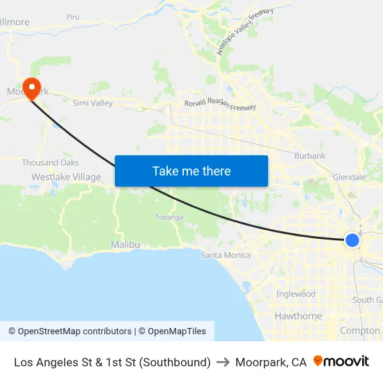 Los Angeles St & 1st St (Southbound) to Moorpark, CA map