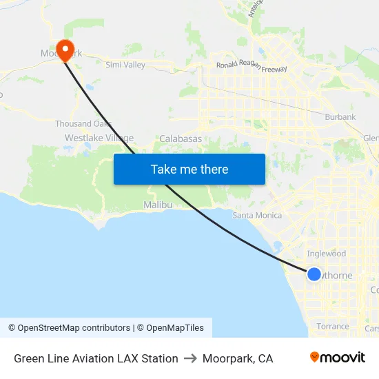 Green Line Aviation LAX Station to Moorpark, CA map