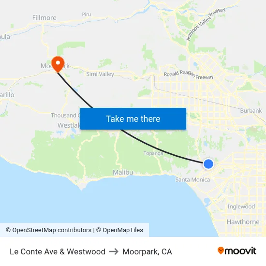 Le Conte Ave & Westwood to Moorpark, CA map