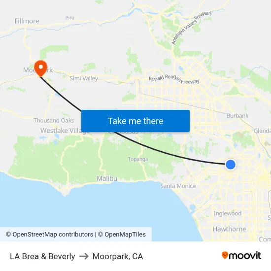 LA Brea & Beverly to Moorpark, CA map