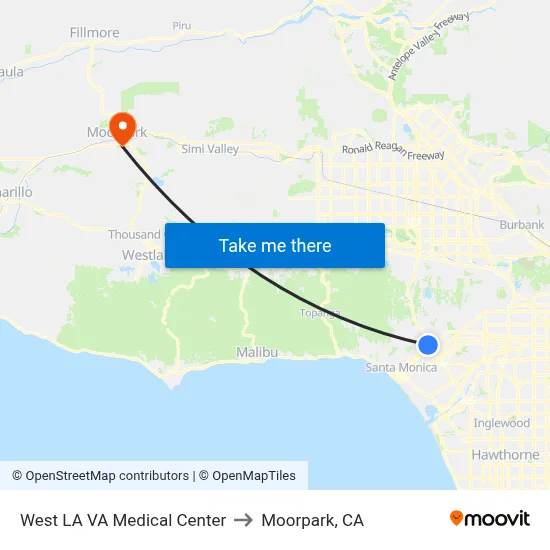 West LA VA Medical Center to Moorpark, CA map
