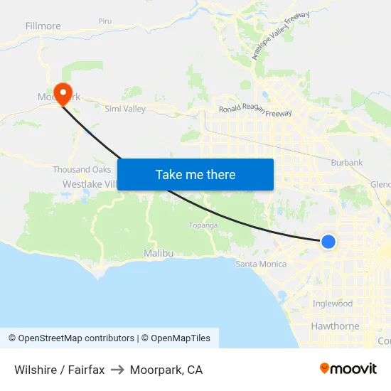 Wilshire / Fairfax to Moorpark, CA map