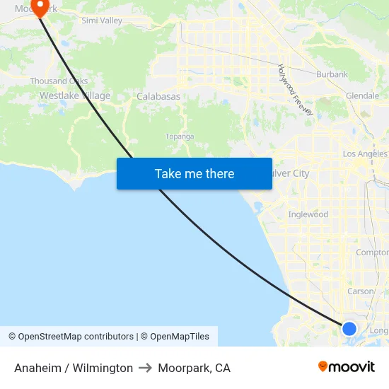 Anaheim / Wilmington to Moorpark, CA map
