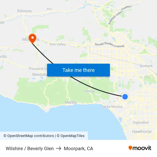 Wilshire / Beverly Glen to Moorpark, CA map